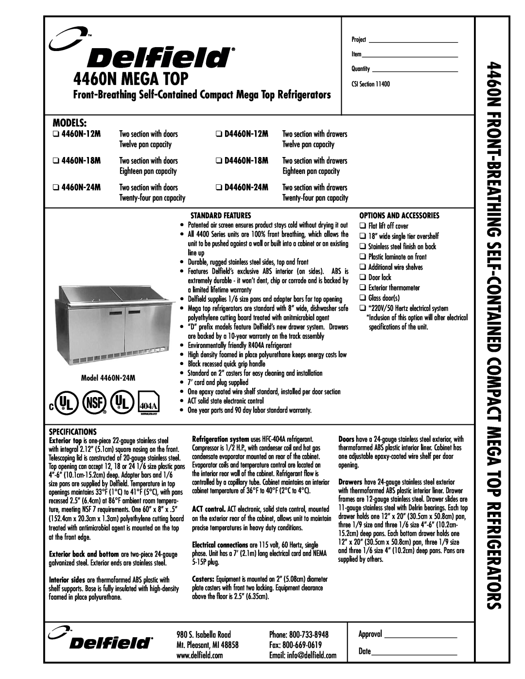Delfield 4460N-24M manual Models, 4460N MEGA TOP, Mega Top Refrigerators, Self-Contained Compact, Front-Breathing 