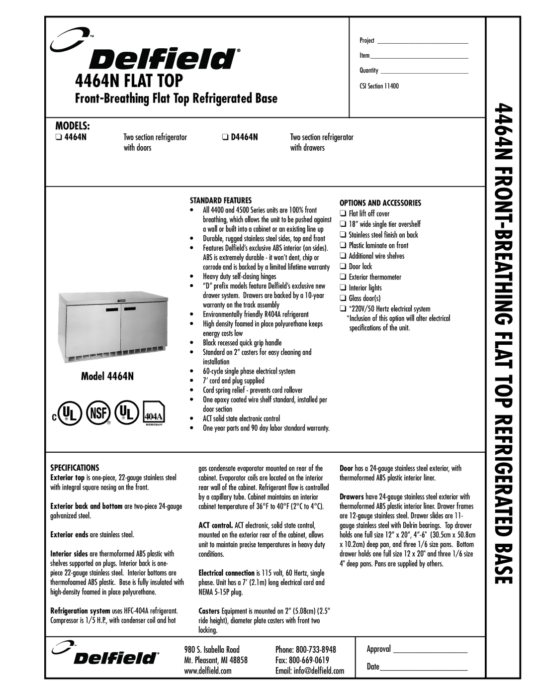 Delfield 4464N specifications Standard Features, Options and Accessories 