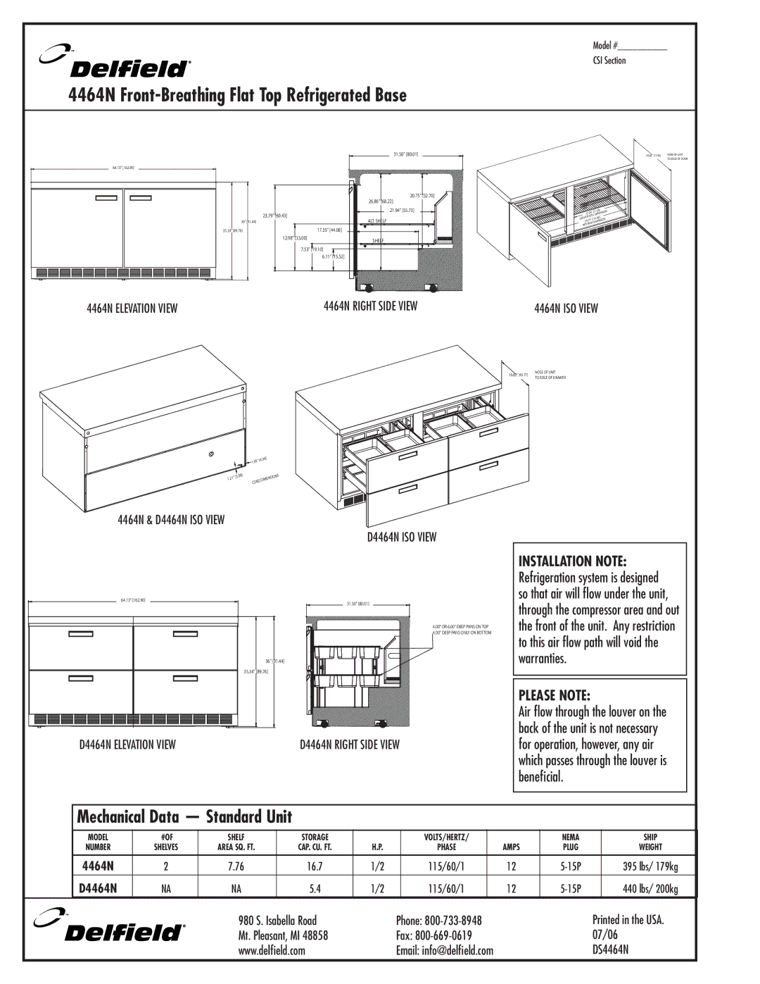 Delfield specifications 4464N Front-Breathing Flat Top Refrigerated Base, Mechanical Data Standard Unit 