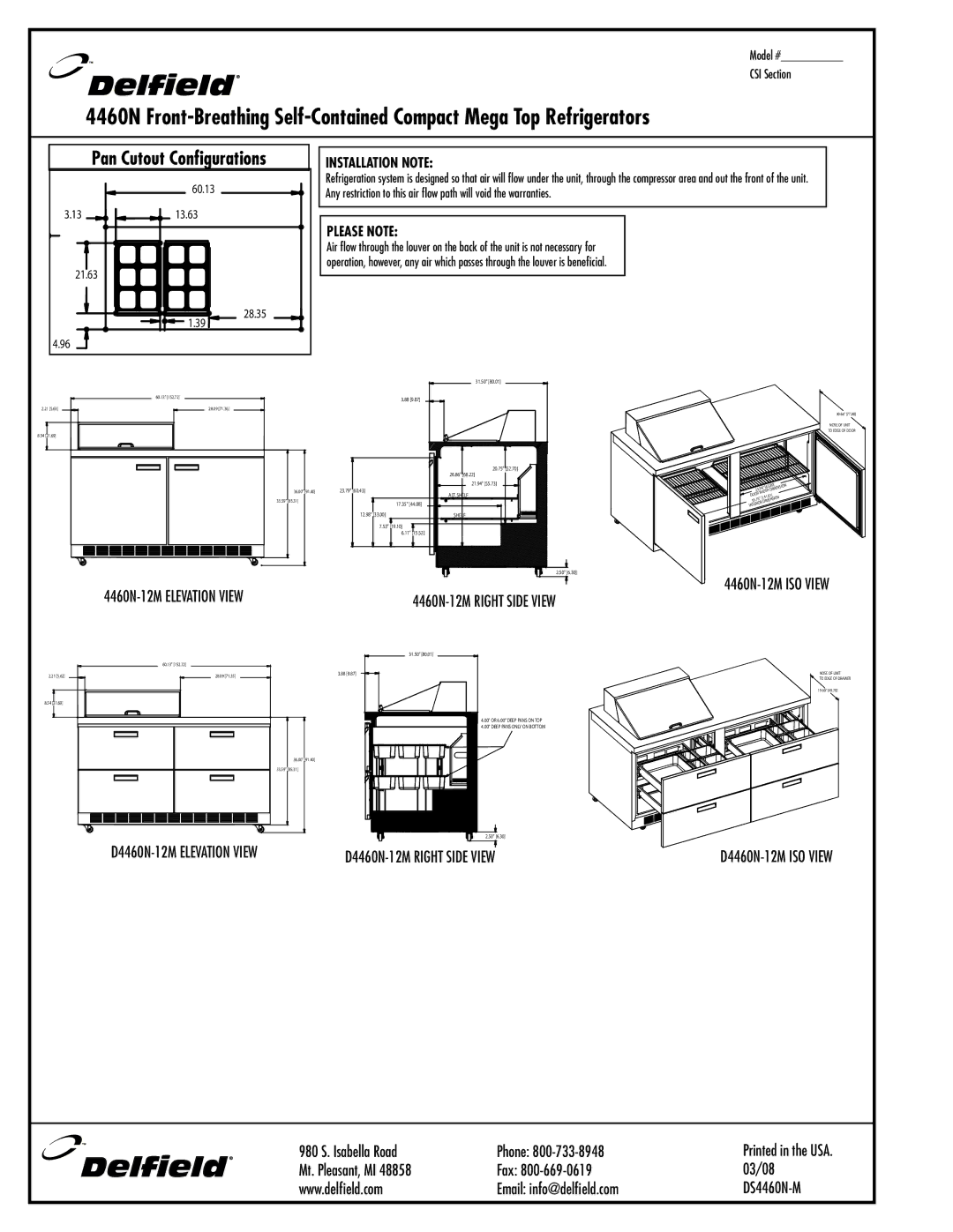 Delfield 446ON-24M specifications D4460N-12M Elevation View, D4460N-12M ISO View, Installation Note, Please Note 