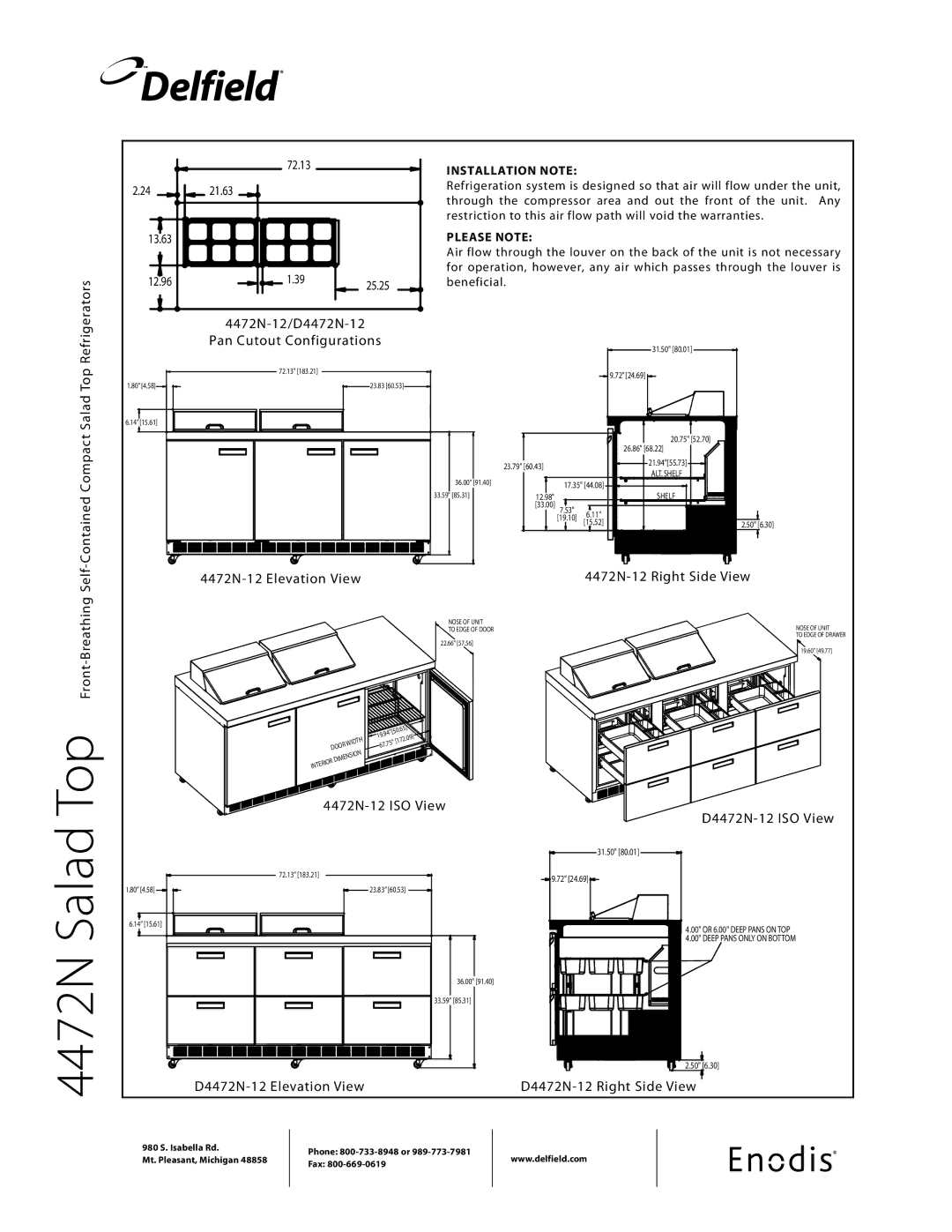 Delfield 4472N-18 Pan Cutout Configurations, 4472N-12 Elevation View 4472N-12 Right Side View, 4472N-12 ISO View 