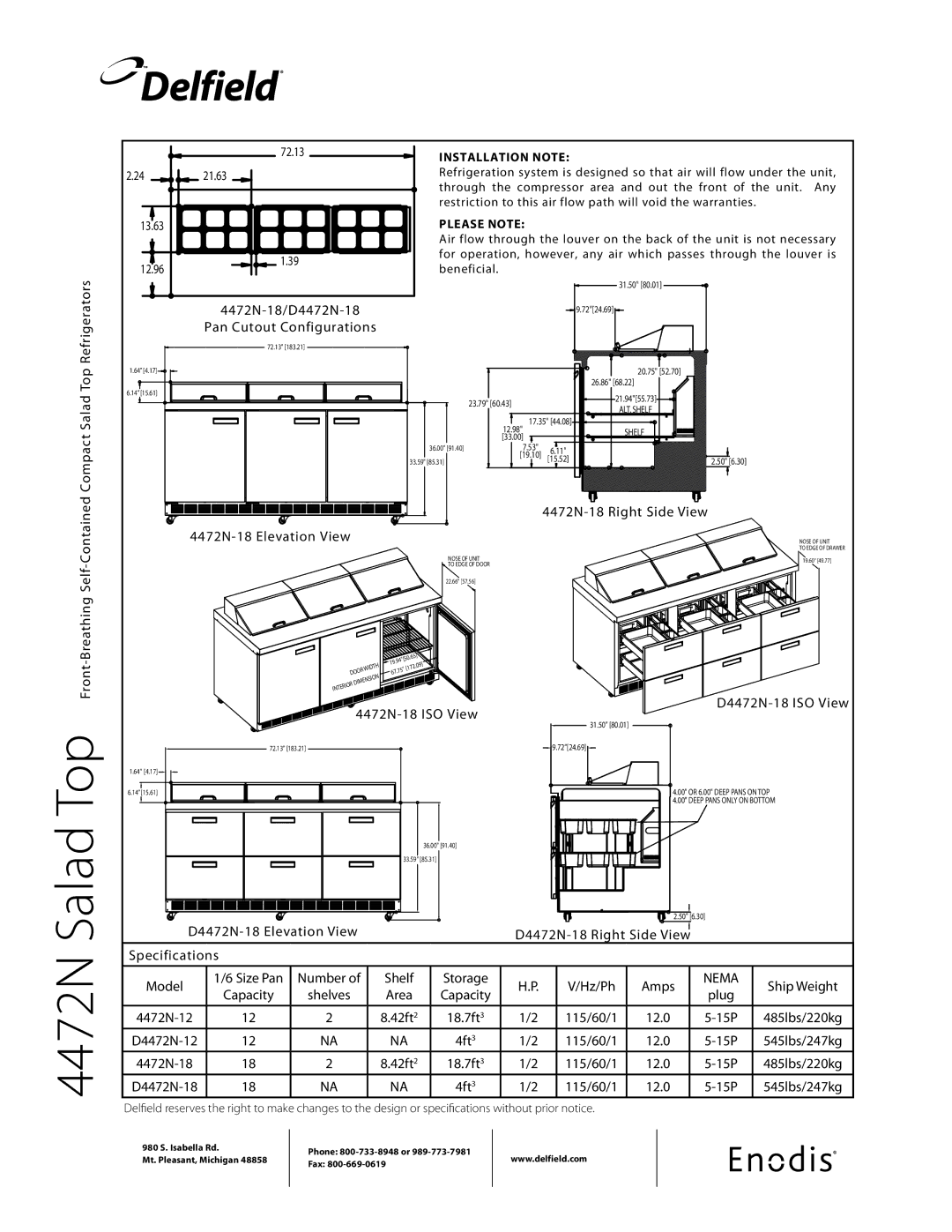 Delfield Breathing Self-Contained Compact Salad Top Refrigerators, 4472N-18 Elevation View, 4472N-18 ISO View, 4ft3 