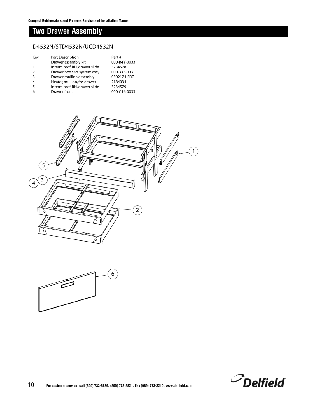 Delfield 400 Series, 4500 Series, 4000 Series installation manual Two Drawer Assembly, D4532N/STD4532N/UCD4532N 