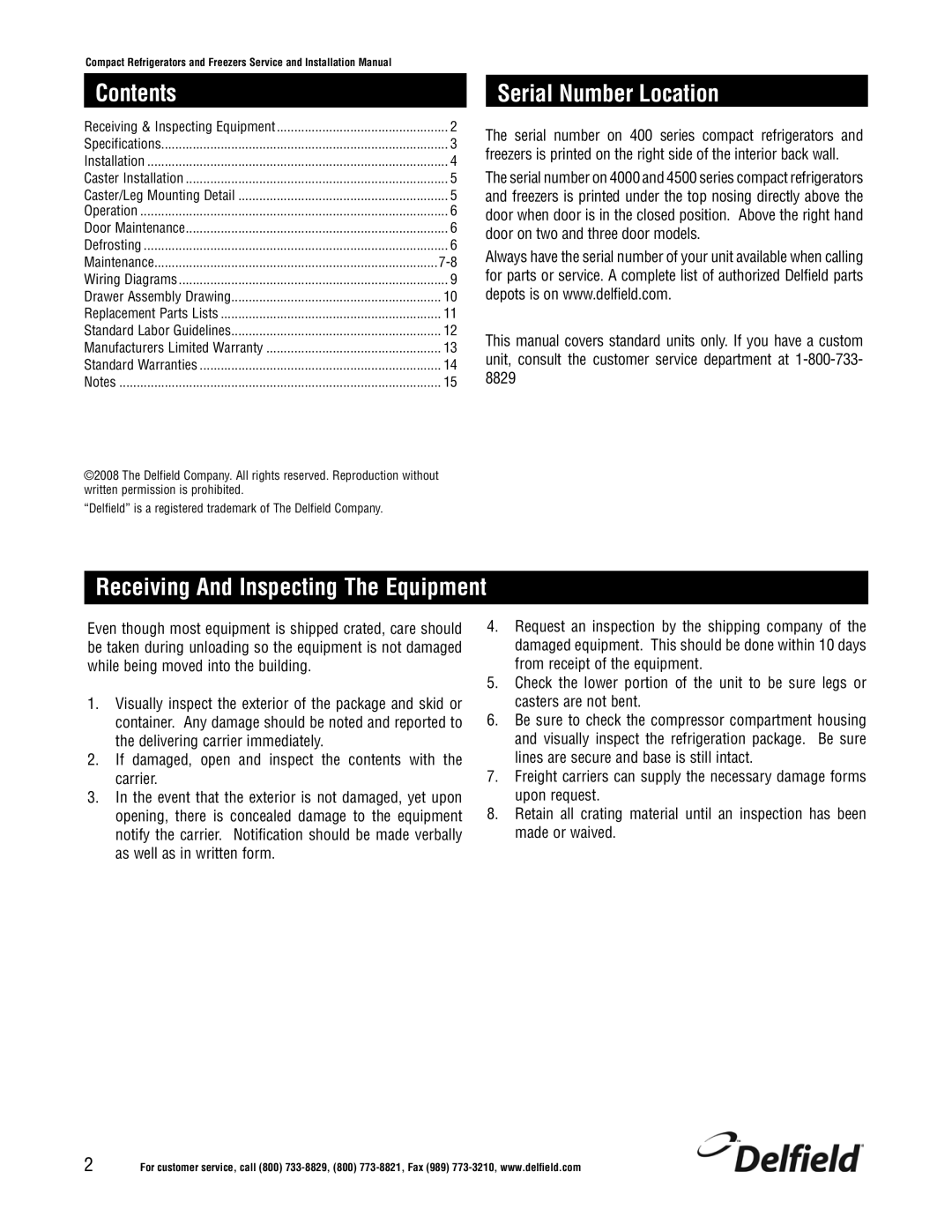 Delfield 4000 Series, 4500 Series, 400 Series Contents, Serial Number Location, Receiving And Inspecting The Equipment 