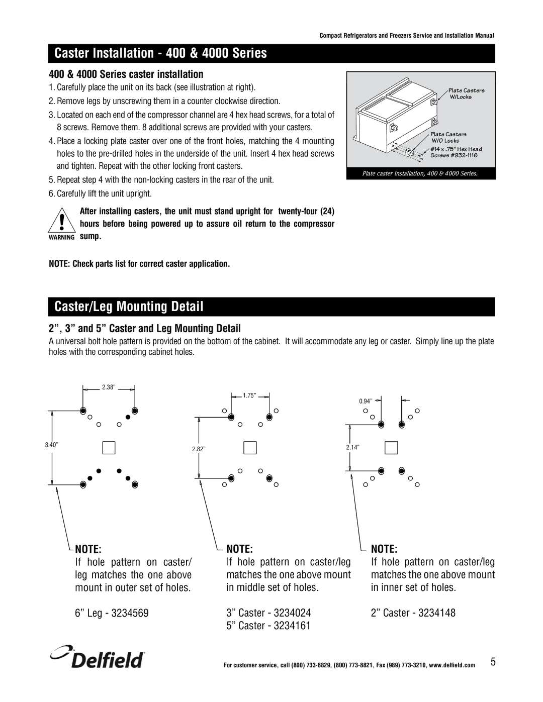 Delfield 4500 Series, 400 Series installation manual Caster Installation 400 & 4000 Series, Caster/Leg Mounting Detail 