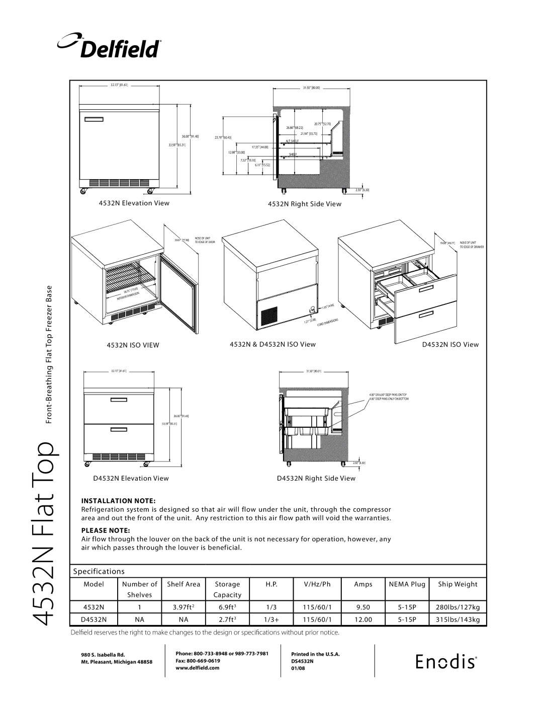 Delfield 4532N specifications Flat Top Freezer Base, Specifications, Installation Note, Please Note 