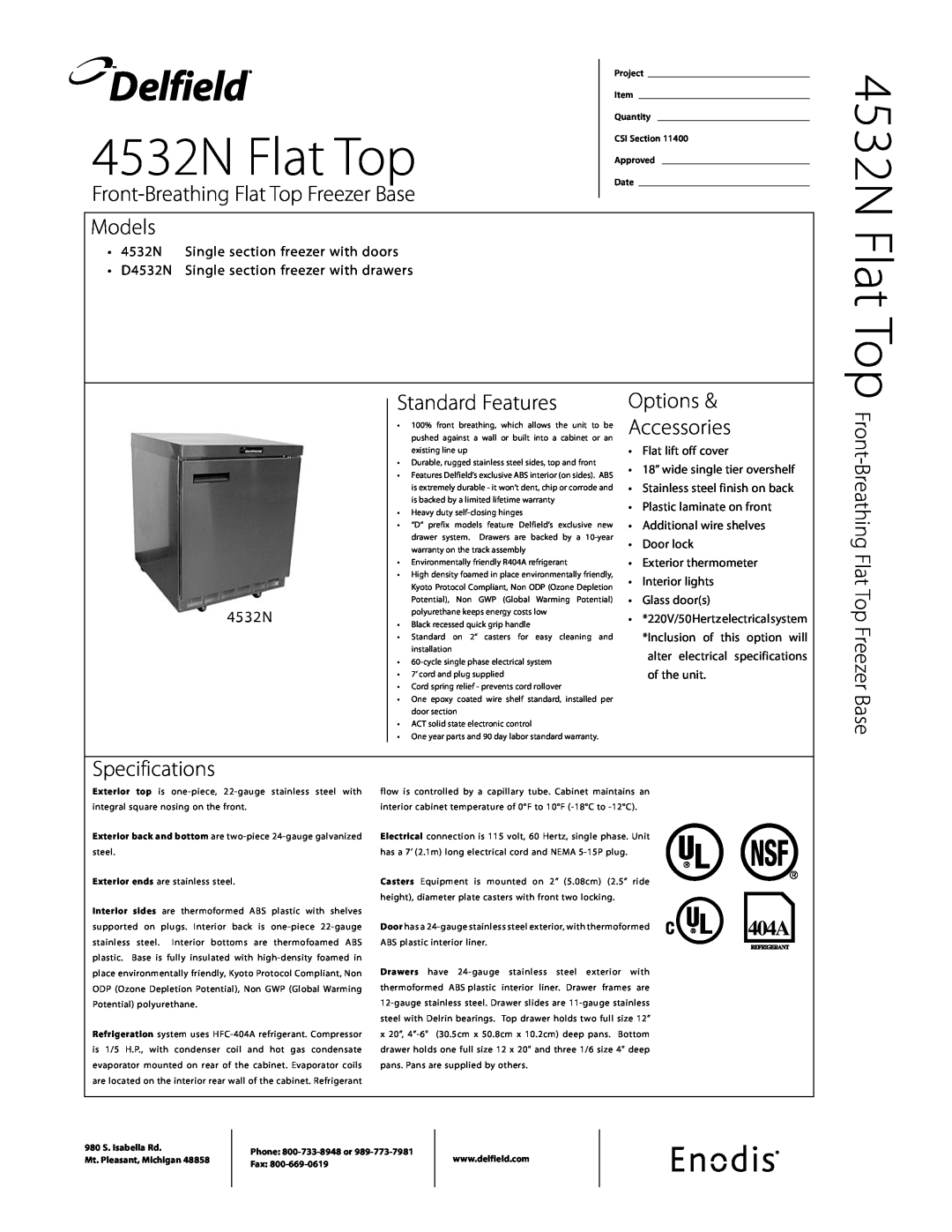 Delfield specifications 4532N Single section freezer with doors, D4532N Single section freezer with drawers, Delfield 