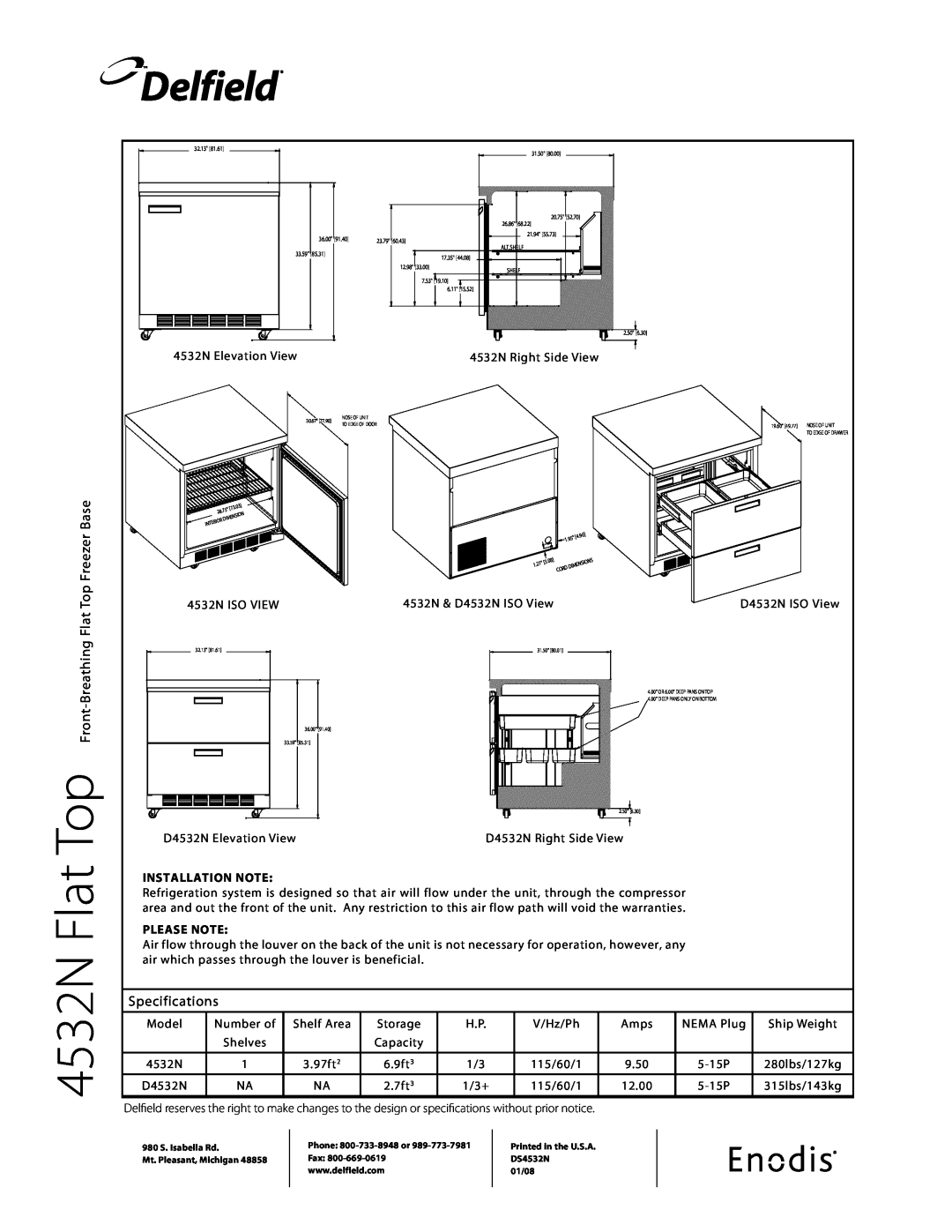 Delfield specifications Flat Top Freezer Base, Specifications, 4532N Flat, Delfield, Installation Note, Please Note 