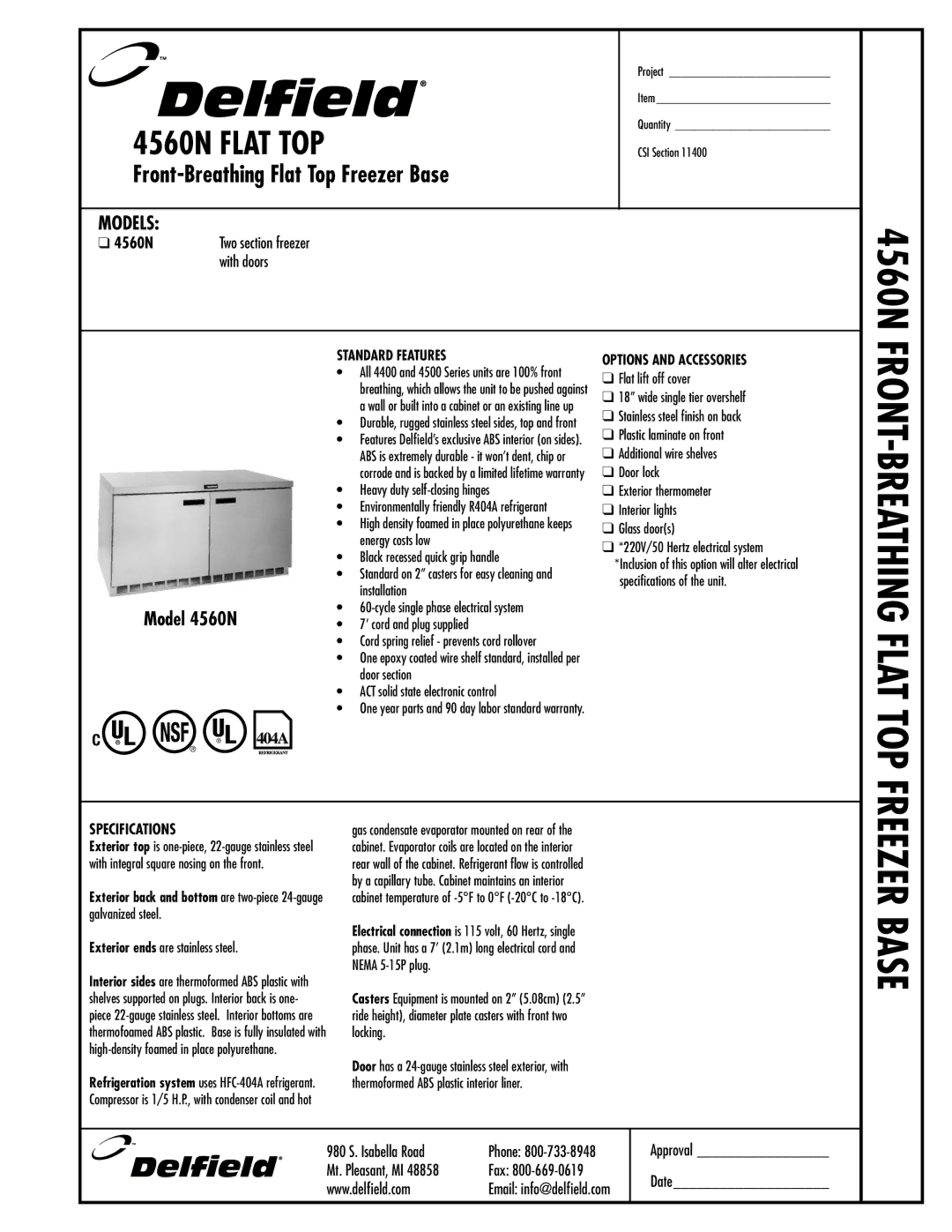 Delfield 4560N specifications Standard Features, Options and Accessories 