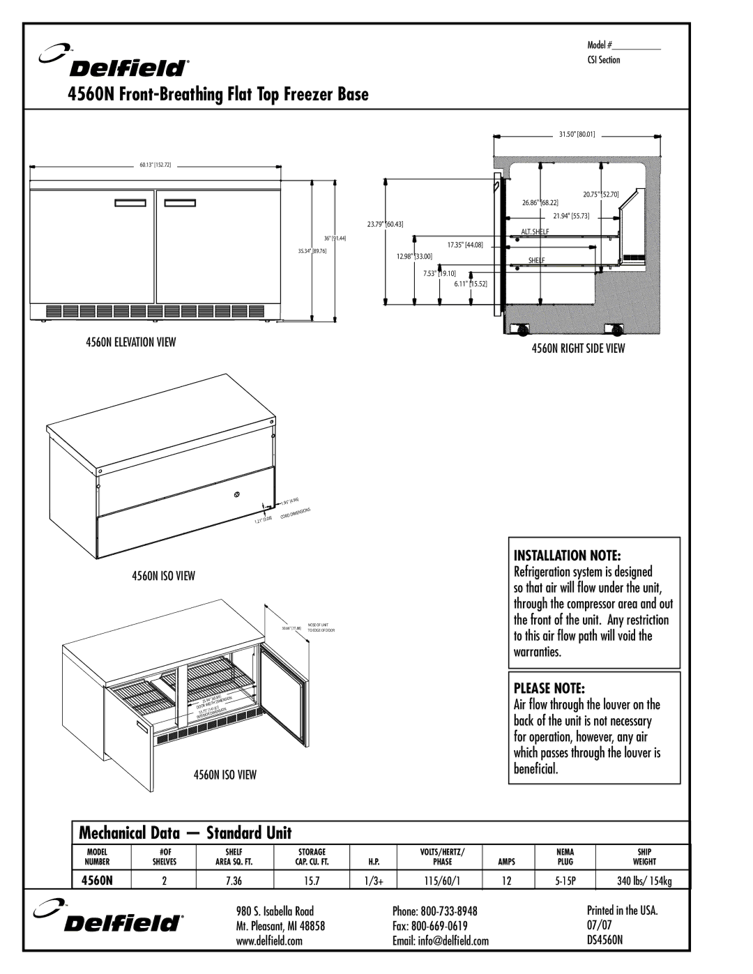 Delfield specifications 4560N Front-Breathing Flat Top Freezer Base 