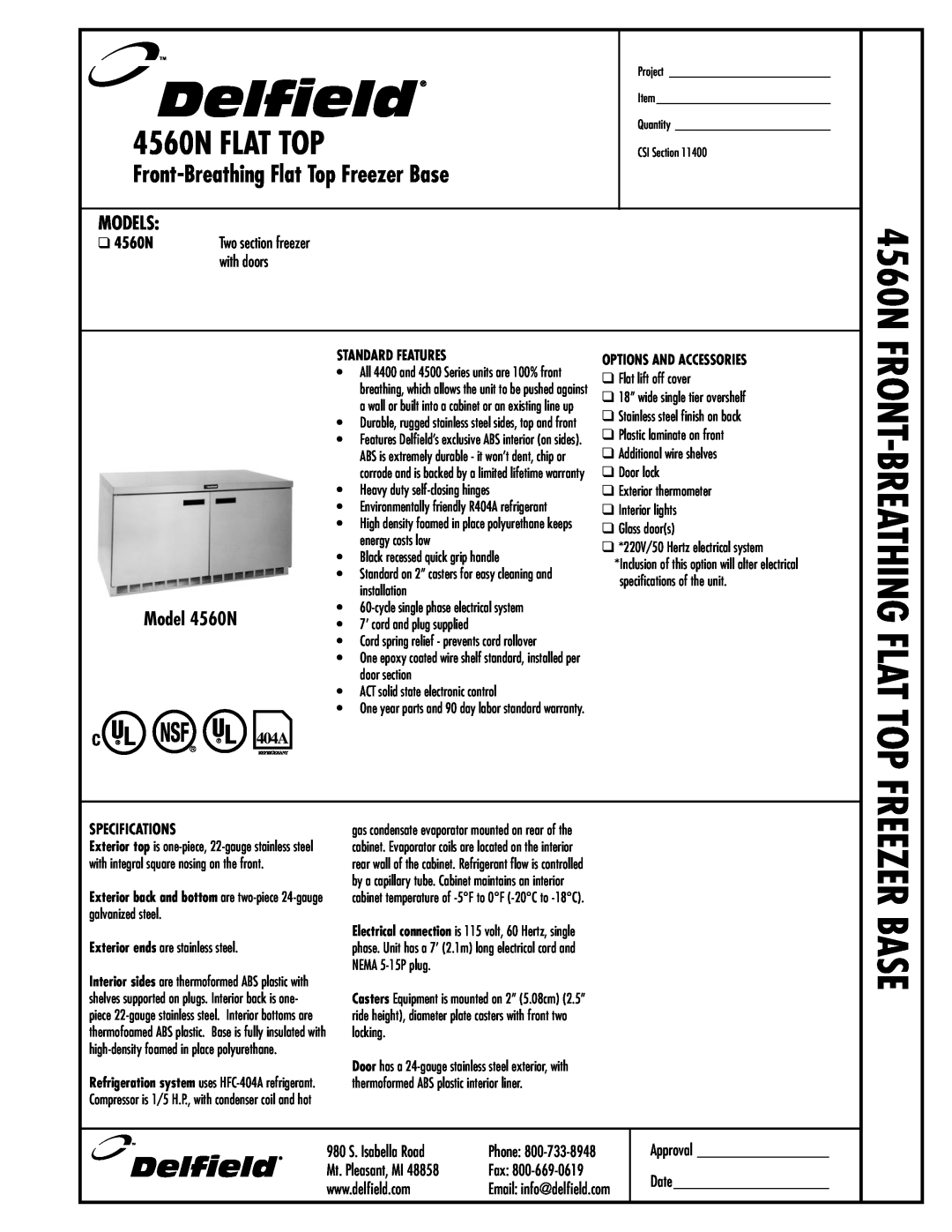 Delfield specifications Front-BreathingFlat Top Freezer Base, 4560N FLAT TOP, Front-Breathingflat Top F, Models 