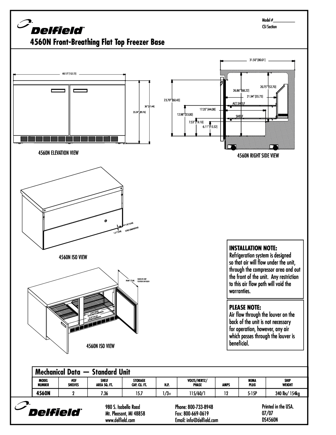 Delfield specifications 4560N Front-BreathingFlat Top Freezer Base, Mechanical Data - Standard Unit, Please Note 