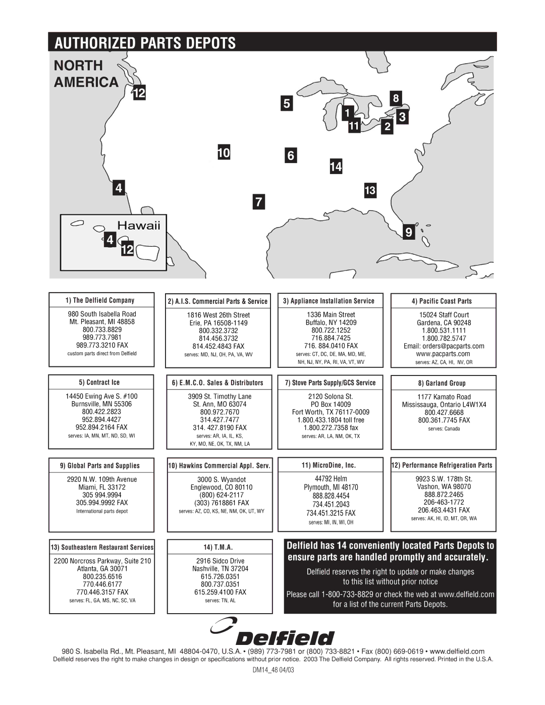 Delfield 48000 Series installation manual Authorized Parts Depots, North America 
