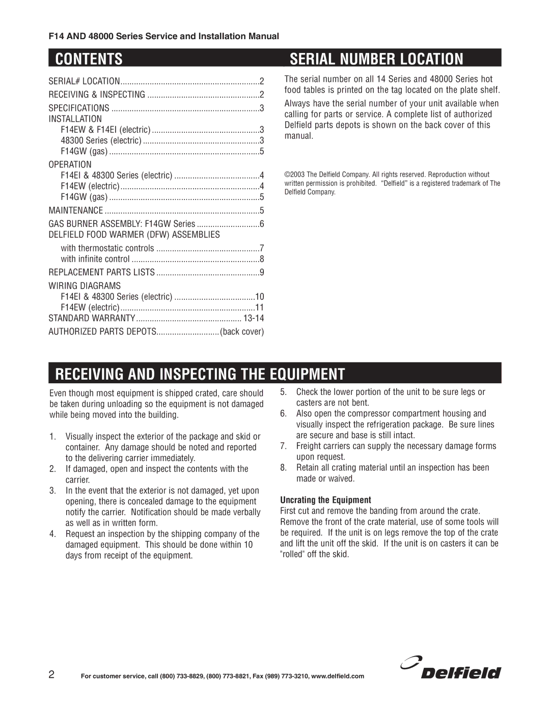 Delfield 48000 Series installation manual Contents, Receiving and Inspecting the Equipment 