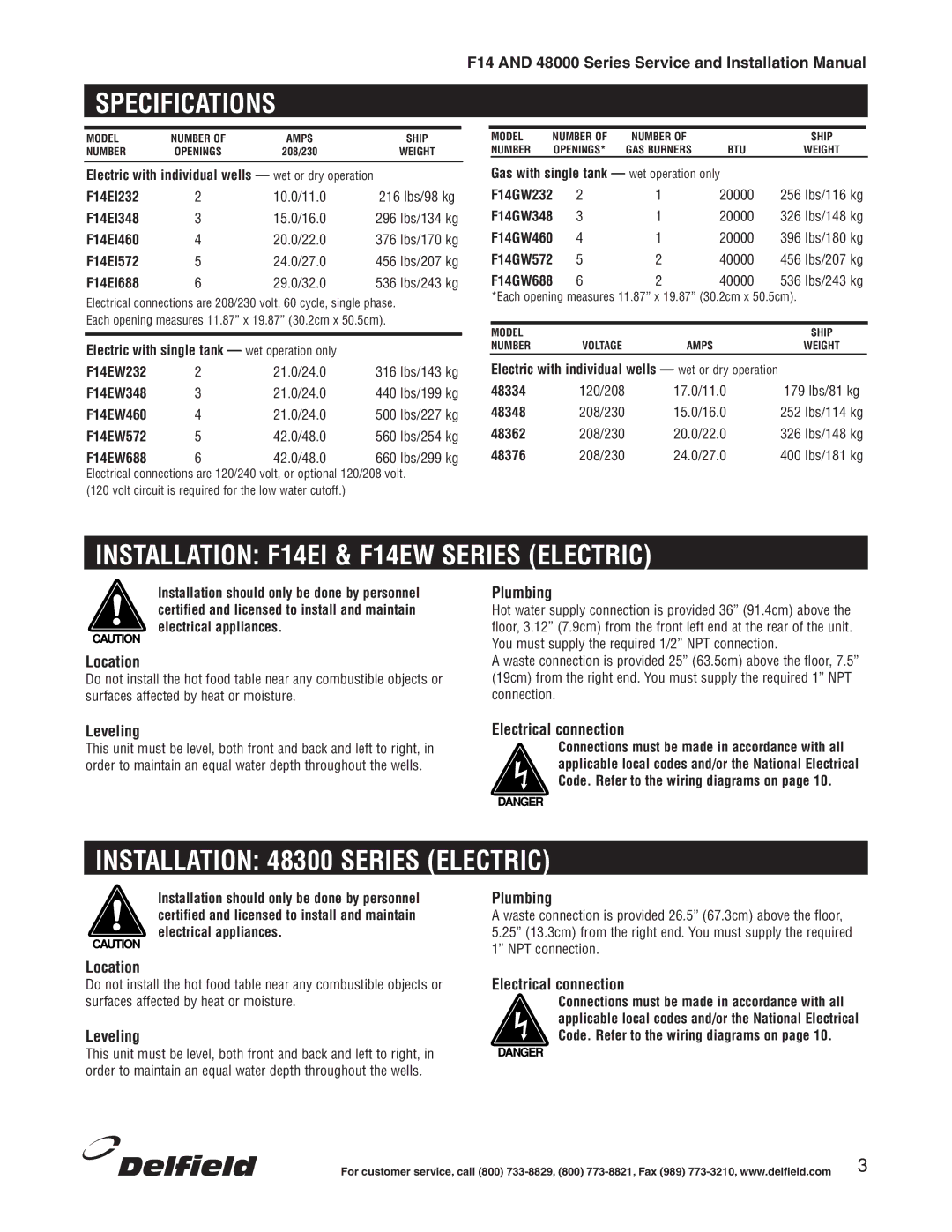 Delfield 48000 Series Specifications, Installation F14EI & F14EW Series Electric, Installation 48300 Series Electric 