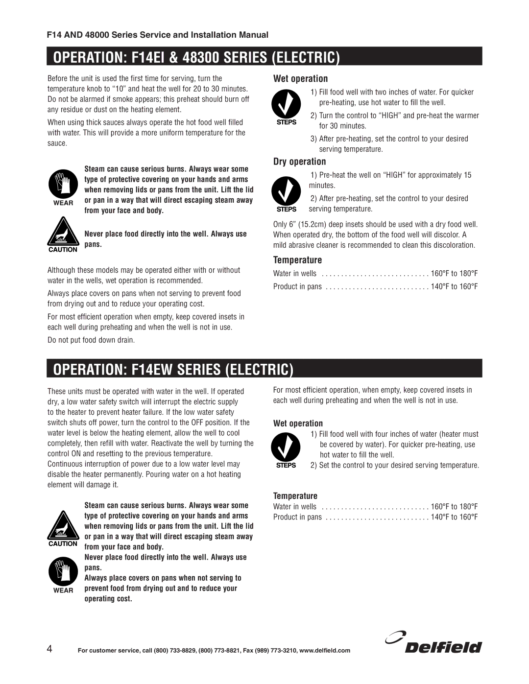 Delfield 48000 Series Operation F14EI & 48300 Series Electric, Operation F14EW Series Electric, Wet operation, Temperature 