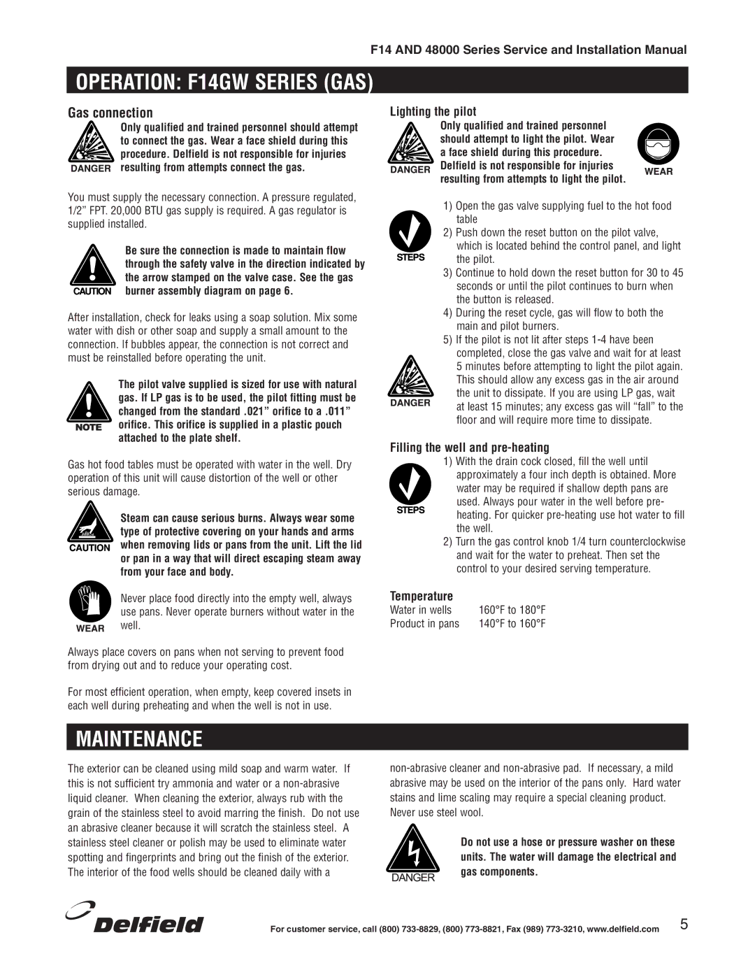 Delfield 48000 Series installation manual Maintenance, Lighting the pilot, Filling the well and pre-heating 