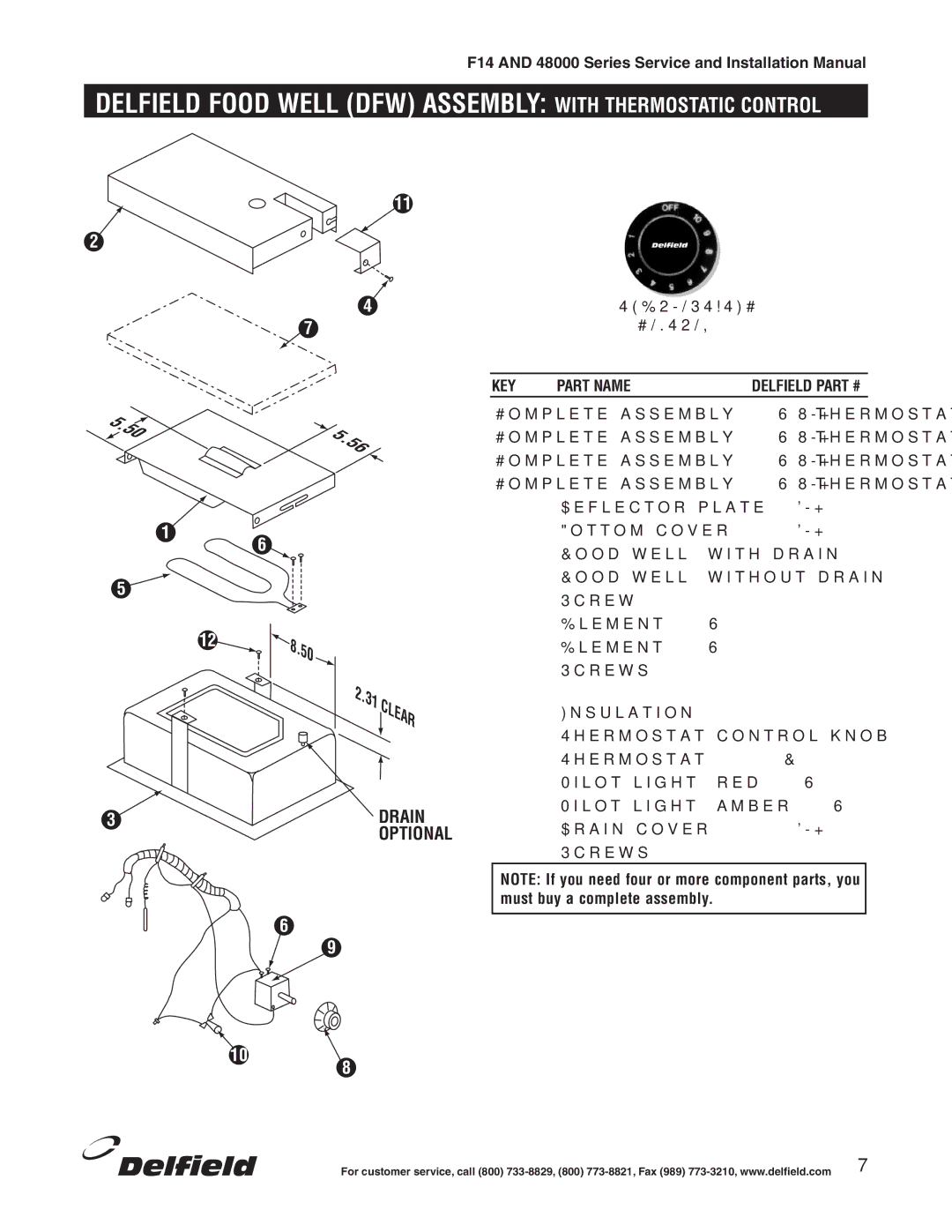 Delfield 48000 Series installation manual Delfield Food Well DFW Assembly with Thermostatic Control 