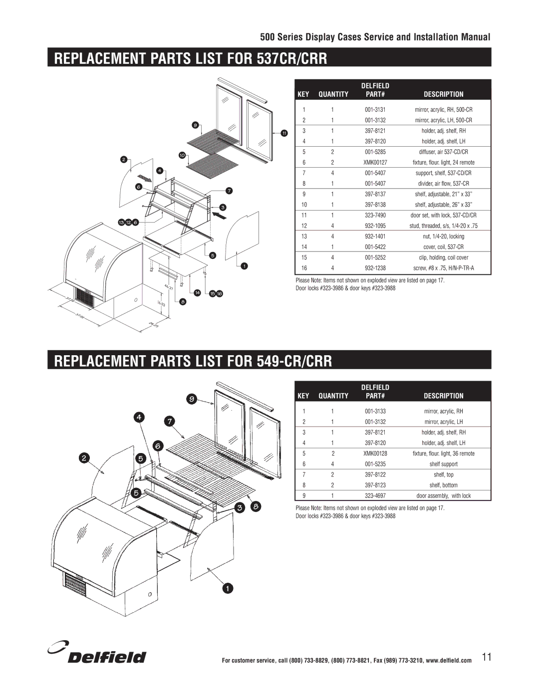 Delfield 500 installation manual Replacement Parts List for 537CR/CRR, Replacement Parts List for 549-CR/CRR 