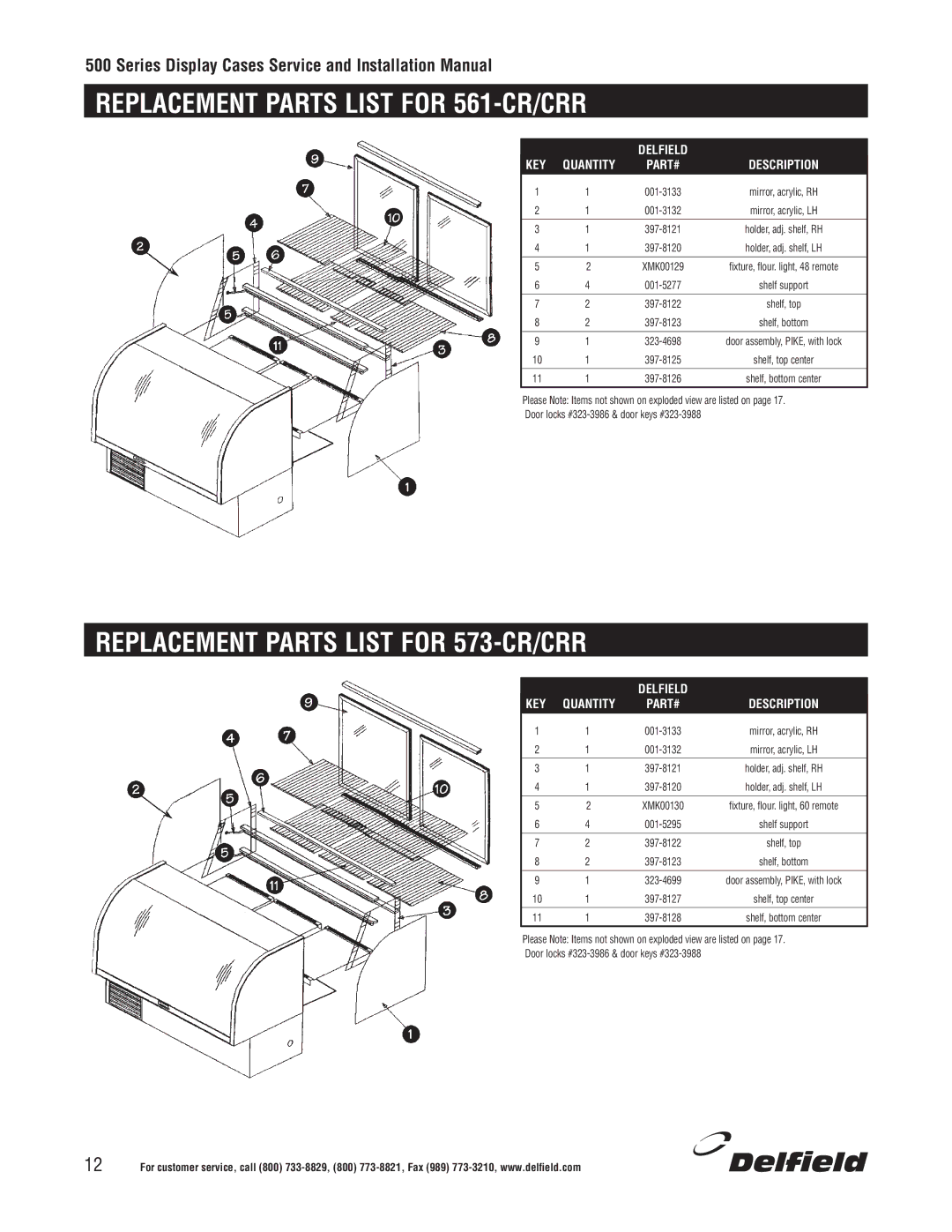 Delfield 500 installation manual Replacement Parts List for 561-CR/CRR, Replacement Parts List for 573-CR/CRR 