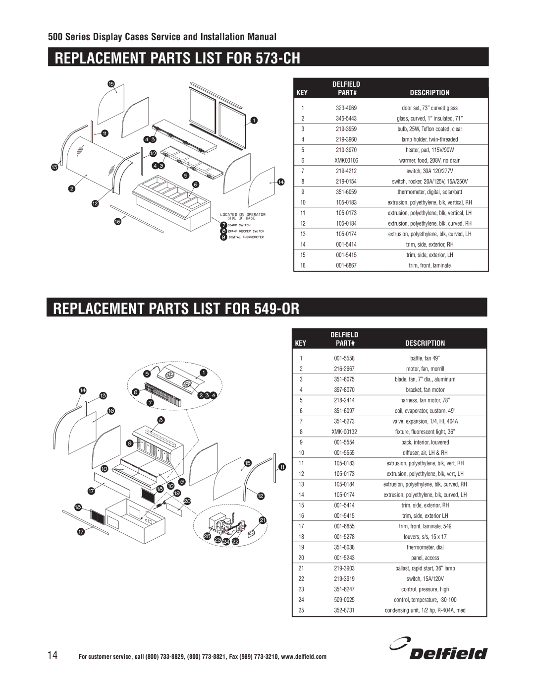 Delfield 500 installation manual Replacement Parts List for 573-CH, Replacement Parts List for 549-OR, Delfield KEY PART# 