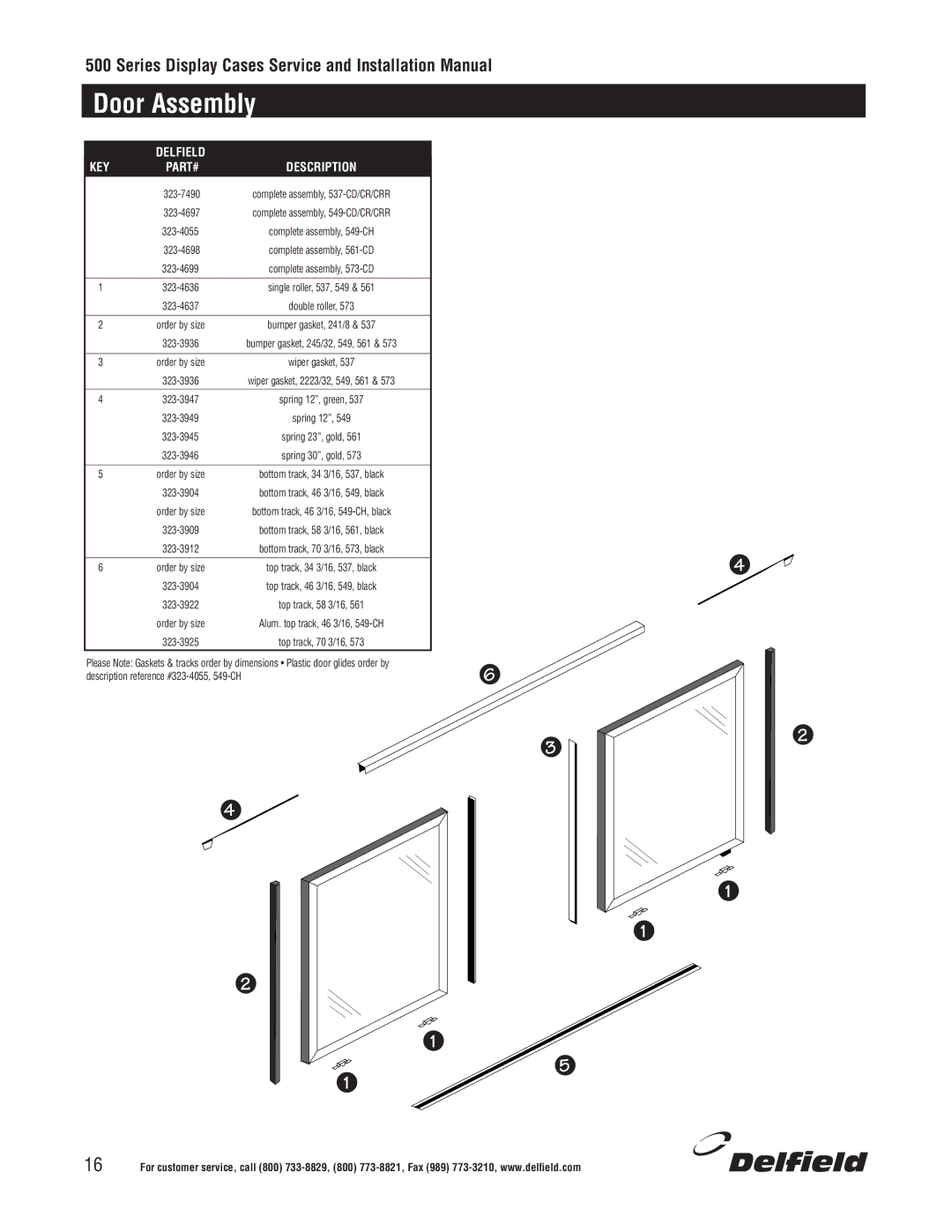 Delfield 500 installation manual Door Assembly, Key Part# 