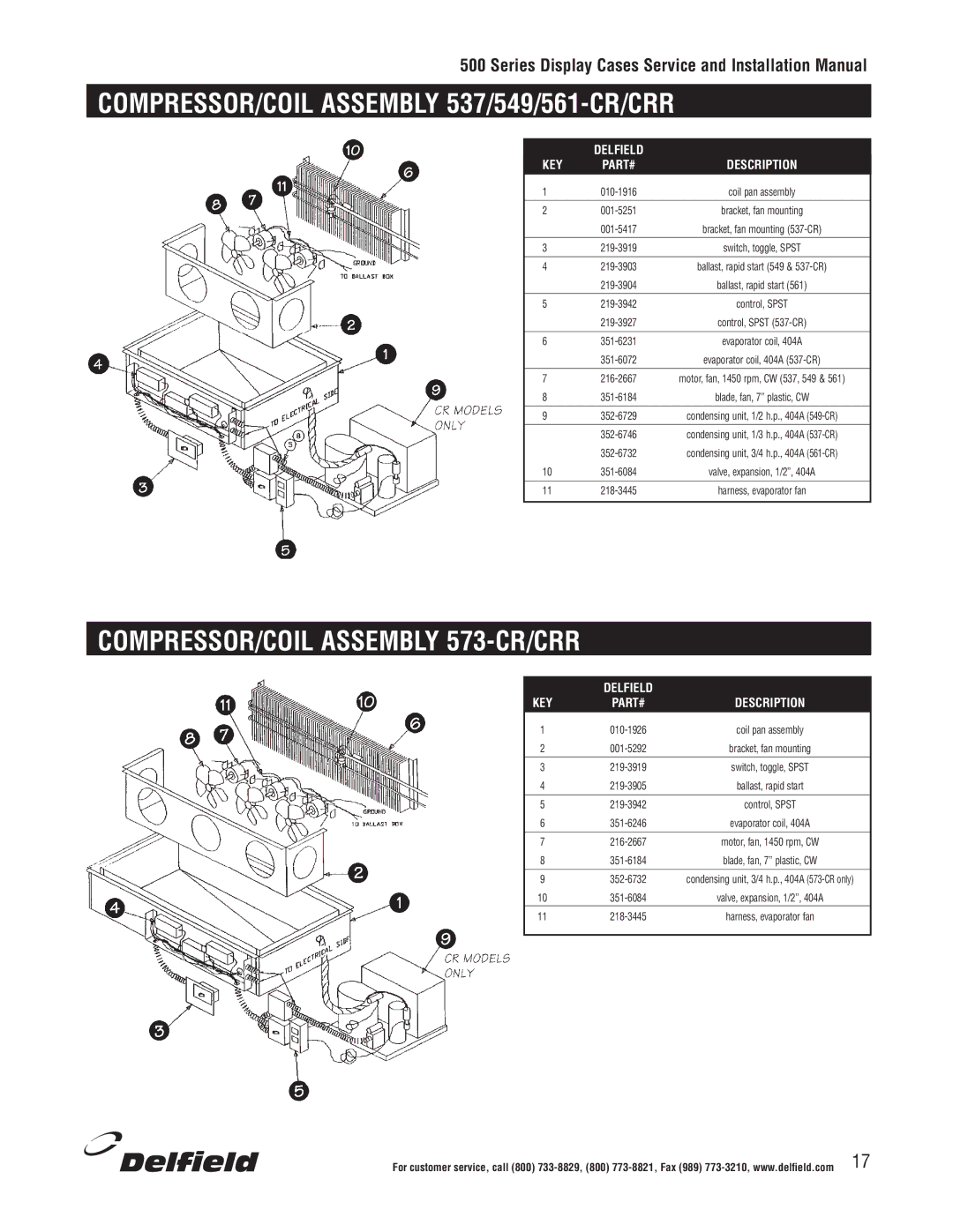 Delfield 500 installation manual COMPRESSOR/COIL Assembly 537/549/561-CR/CRR, COMPRESSOR/COIL Assembly 573-CR/CRR 