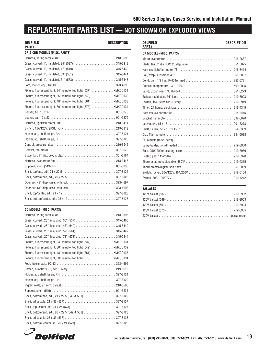 Delfield 500 installation manual Replacement Parts List not Shown on Exploded Views 