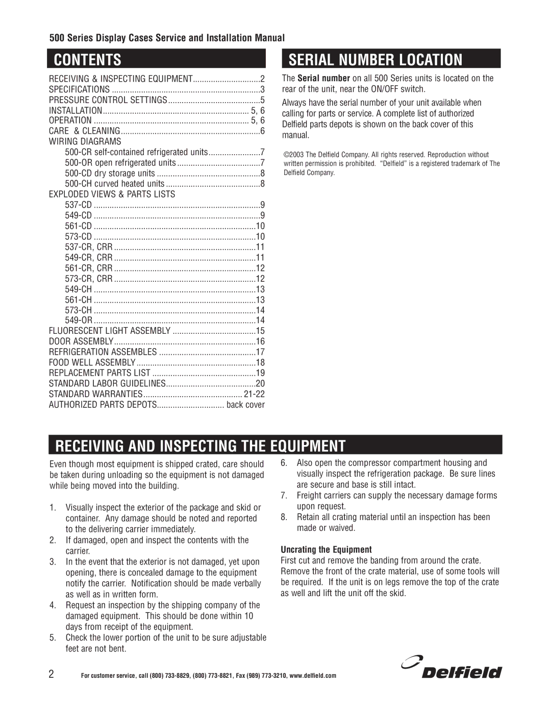 Delfield 500 installation manual Contents, Serial Number Location, Receiving and Inspecting the Equipment 