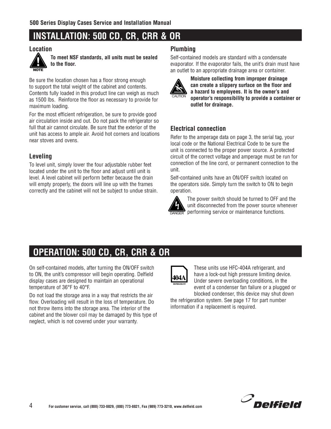 Delfield installation manual Installation 500 CD, CR, CRR & or, Operation 500 CD, CR, CRR & or 