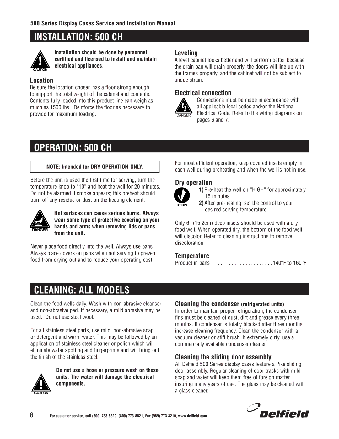 Delfield installation manual Installation 500 CH, Operation 500 CH, Cleaning ALL Models 