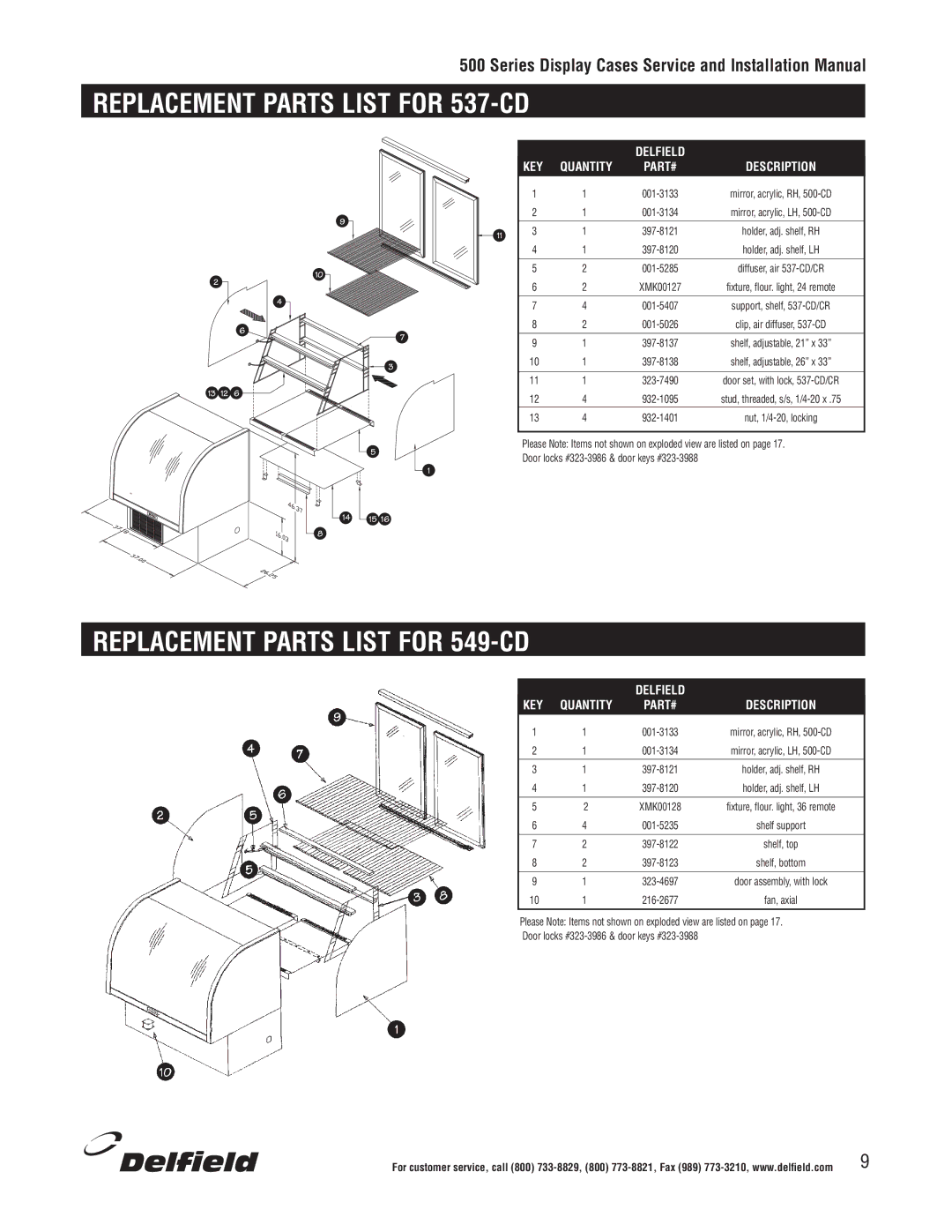 Delfield 500 Replacement Parts List for 537-CD, Replacement Parts List for 549-CD, Delfield KEY Quantity PART# Description 