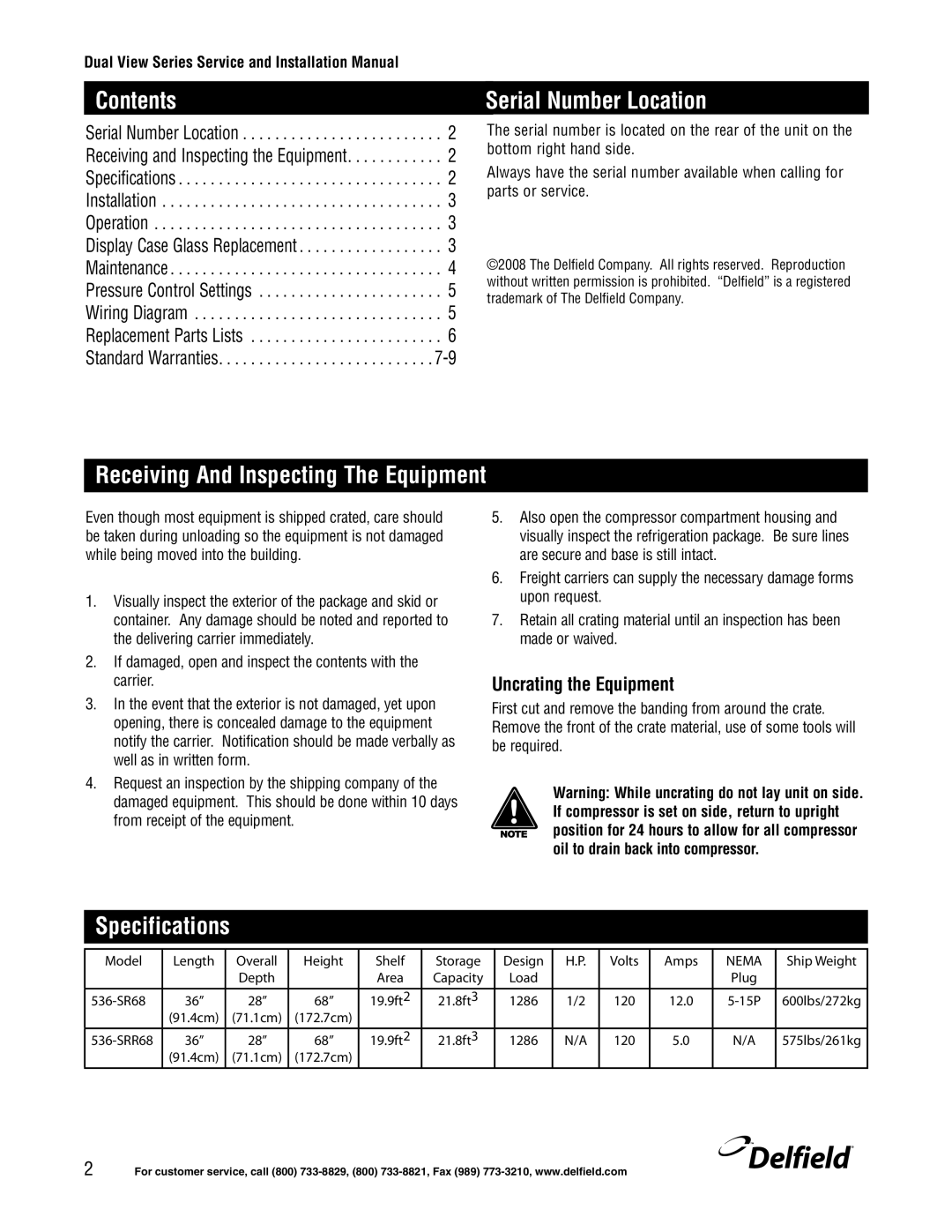 Delfield 536-SR68 & 536-SRR68 Contents, Serial Number Location, Receiving And Inspecting The Equipment, Specifications 