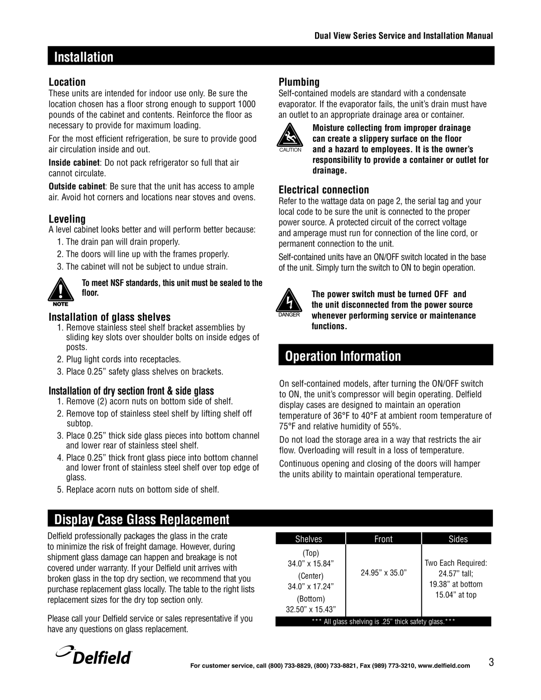 Delfield 536-SR68 & 536-SRR68 manual Installation, Operation Information, Display Case Glass Replacement 