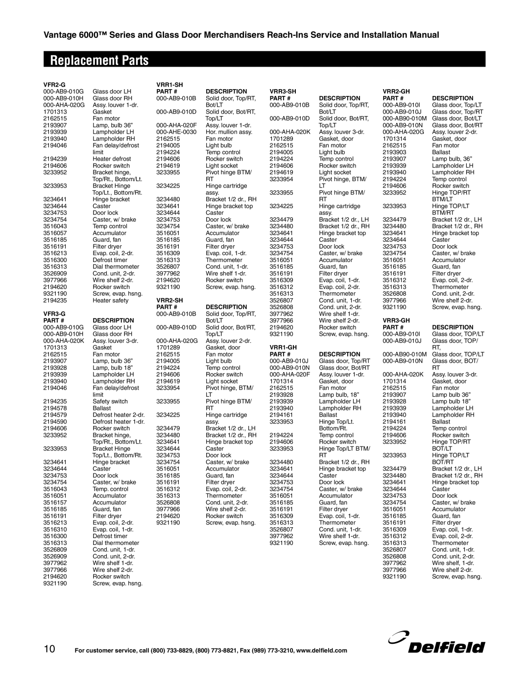 Delfield 6000 manual VFR2-G VRR1-SH 