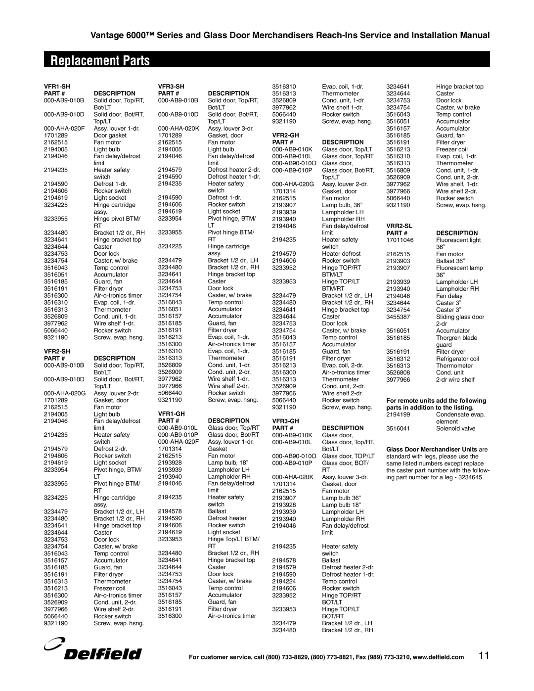 Delfield 6000 manual VFR1-SH VFR3-SH 