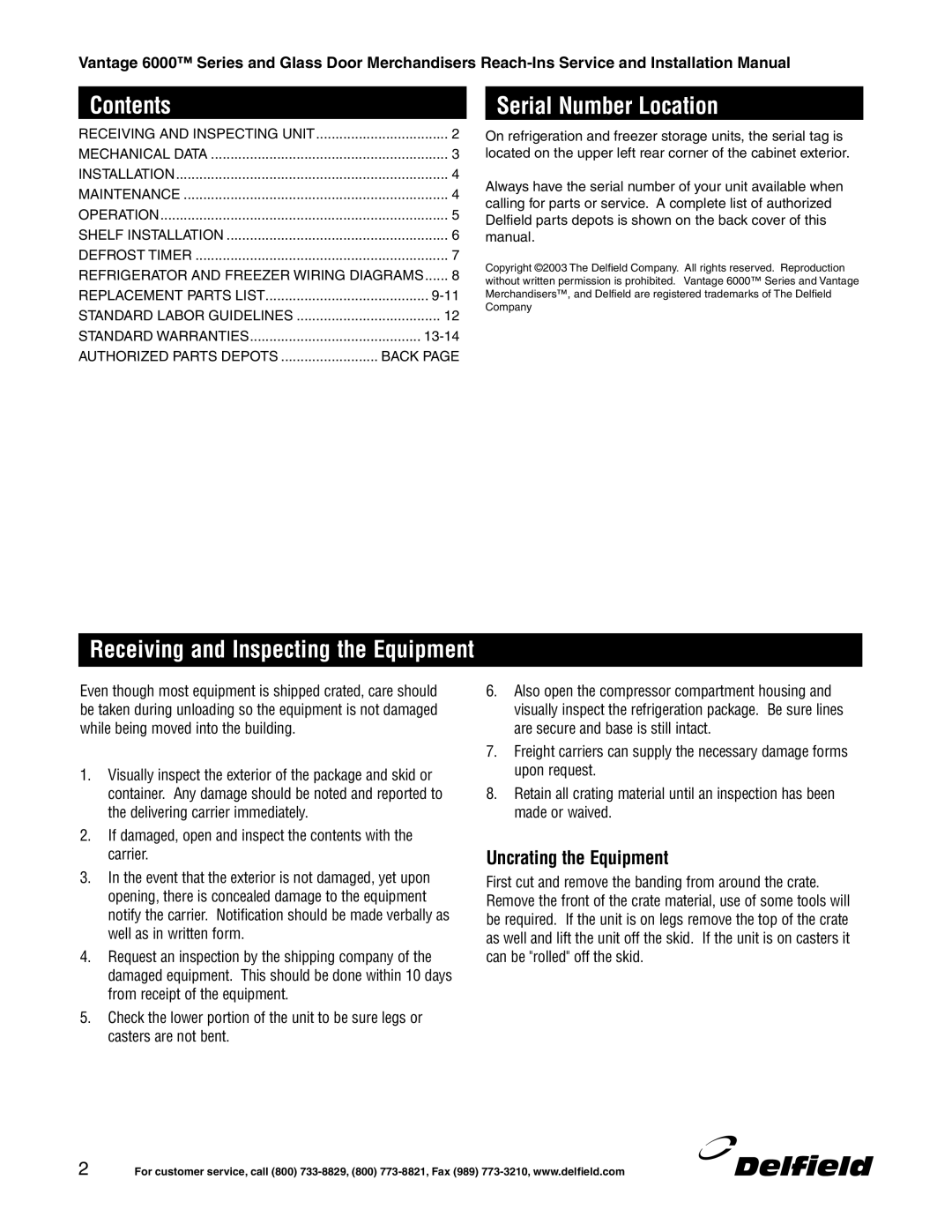 Delfield 6000 manual Contents, Receiving and Inspecting the Equipment 