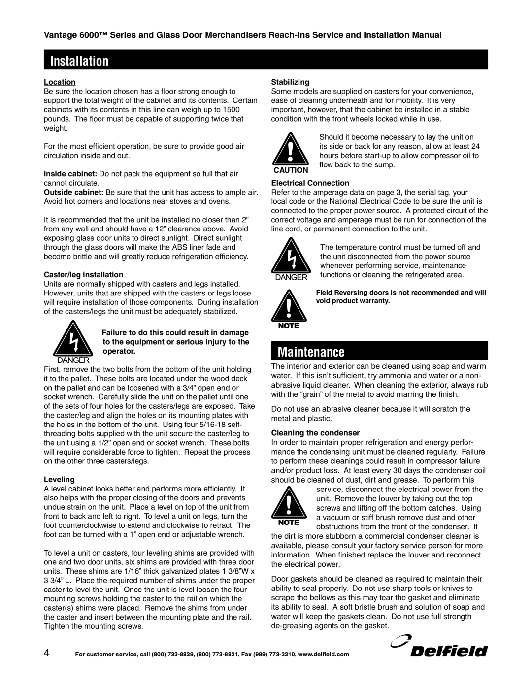 Delfield 6000 manual Installation, Maintenance 