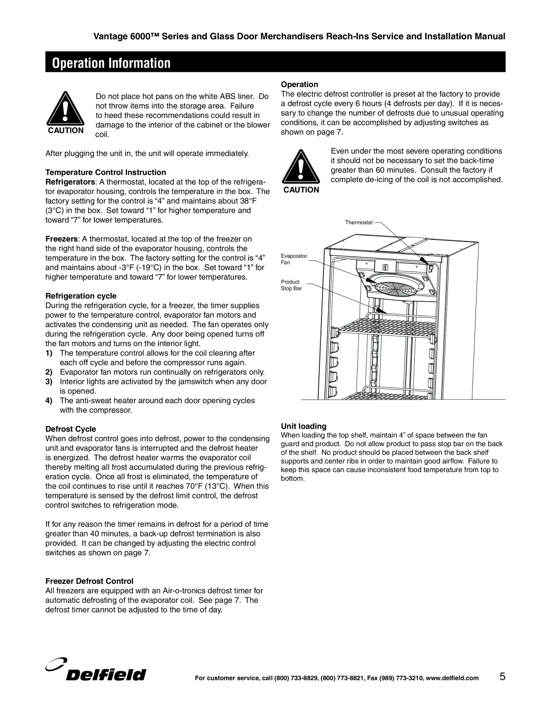 Delfield 6000 manual Operation Information, Temperature Control Instruction 