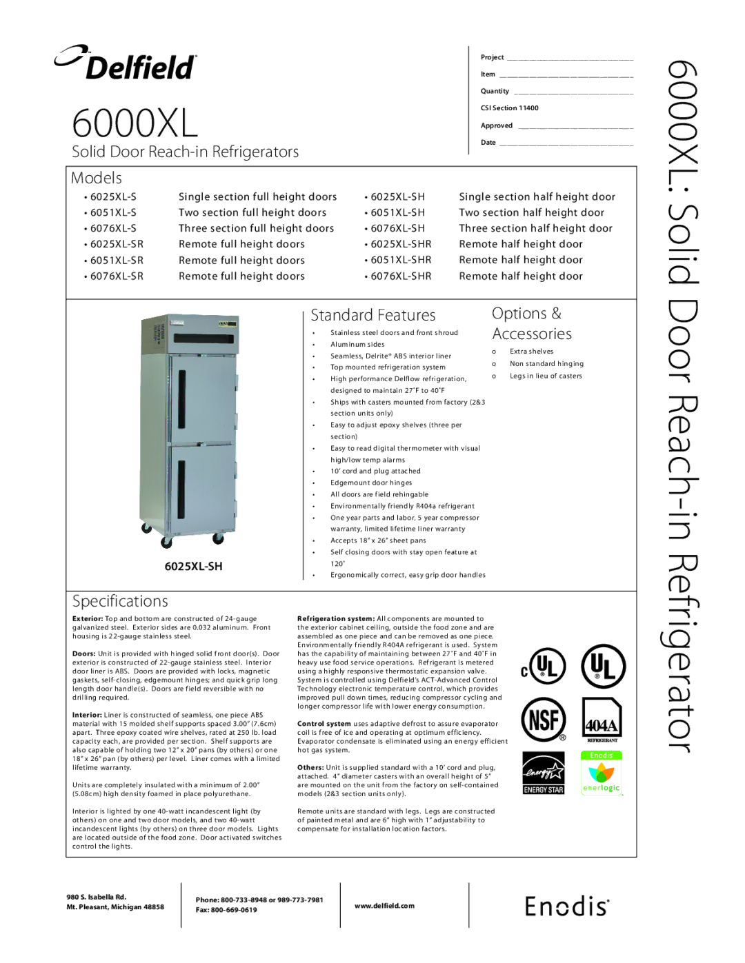 Delfield 6000XL specifications Solid Door Reach-in Refrigerators Models, Specifications Standard Features Options 