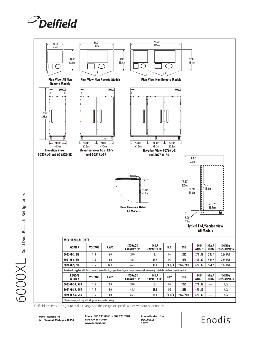 Delfield 6000XL specifications 24.88, All Models, 6025XL-S, SH, 6051XL-S, SH, 6076XL-S, SH 