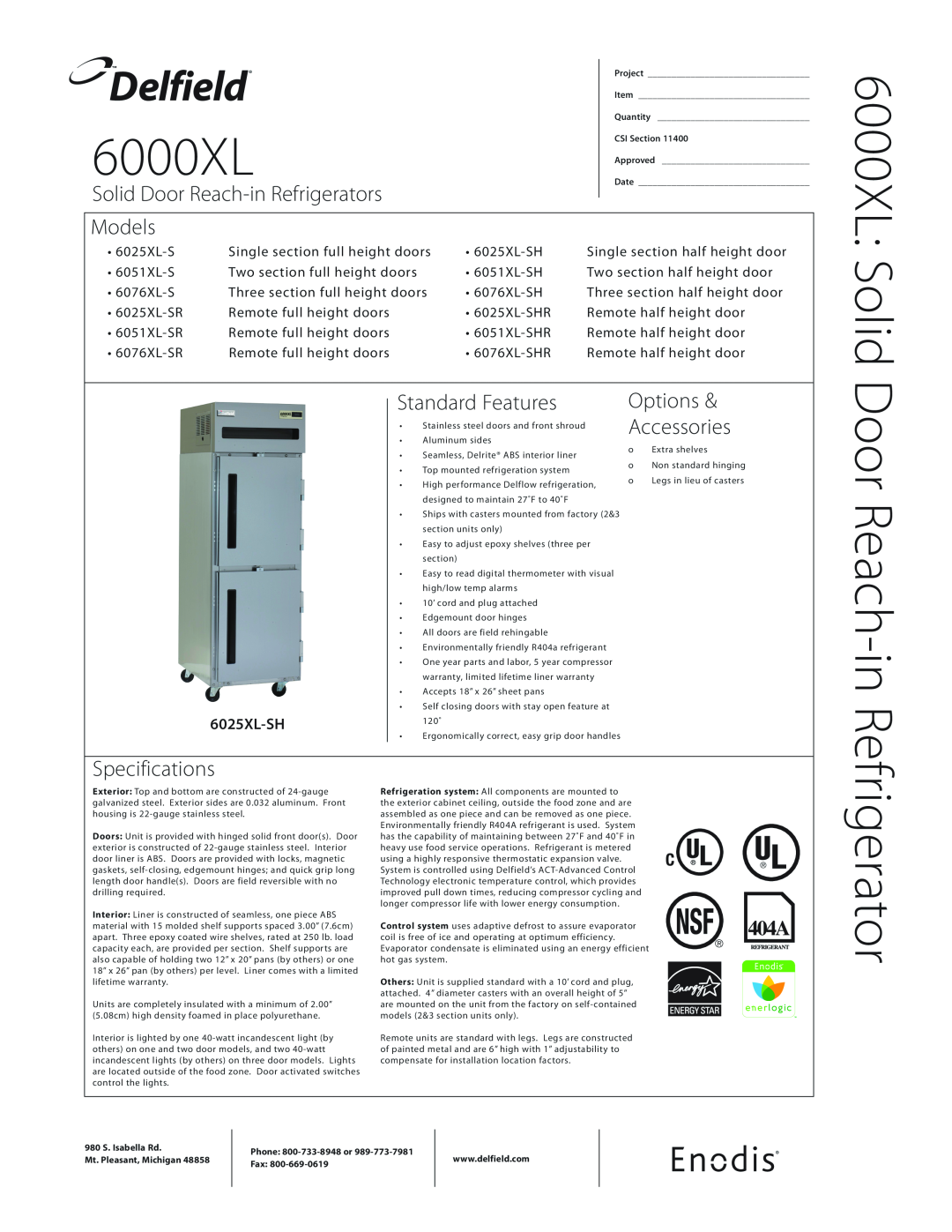 Delfield specifications 6000XL Solid, Delfield, Solid Door Reach-in Refrigerators, Models, Specifications 