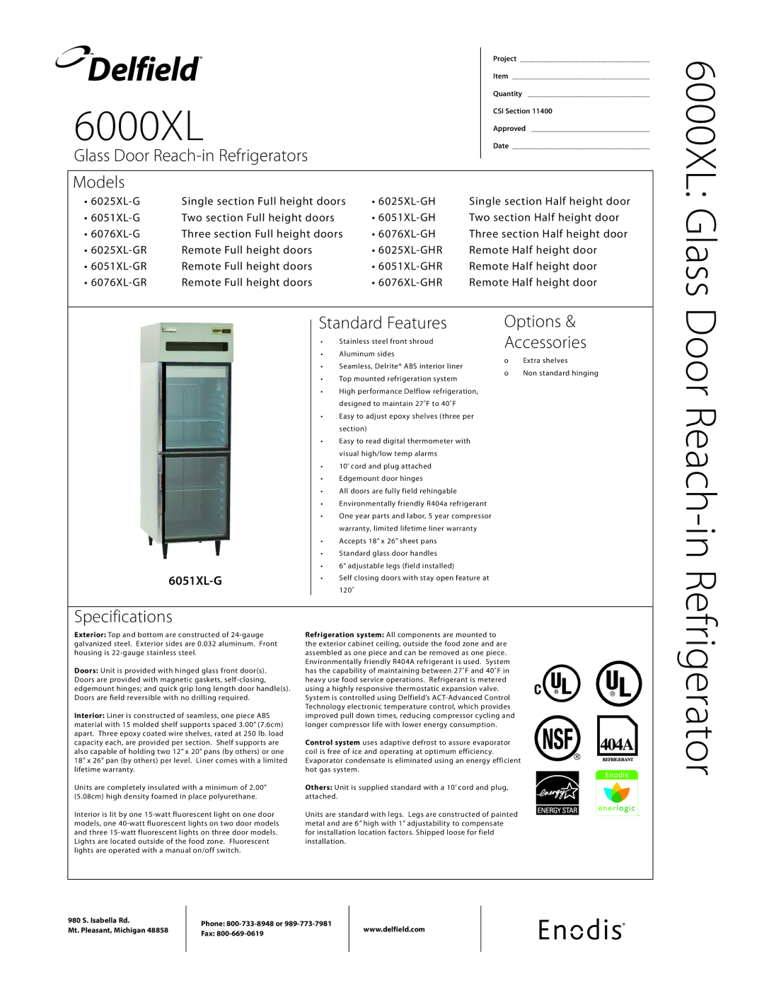 Delfield 6000XLG specifications Door Reach-in, Refrigerator 