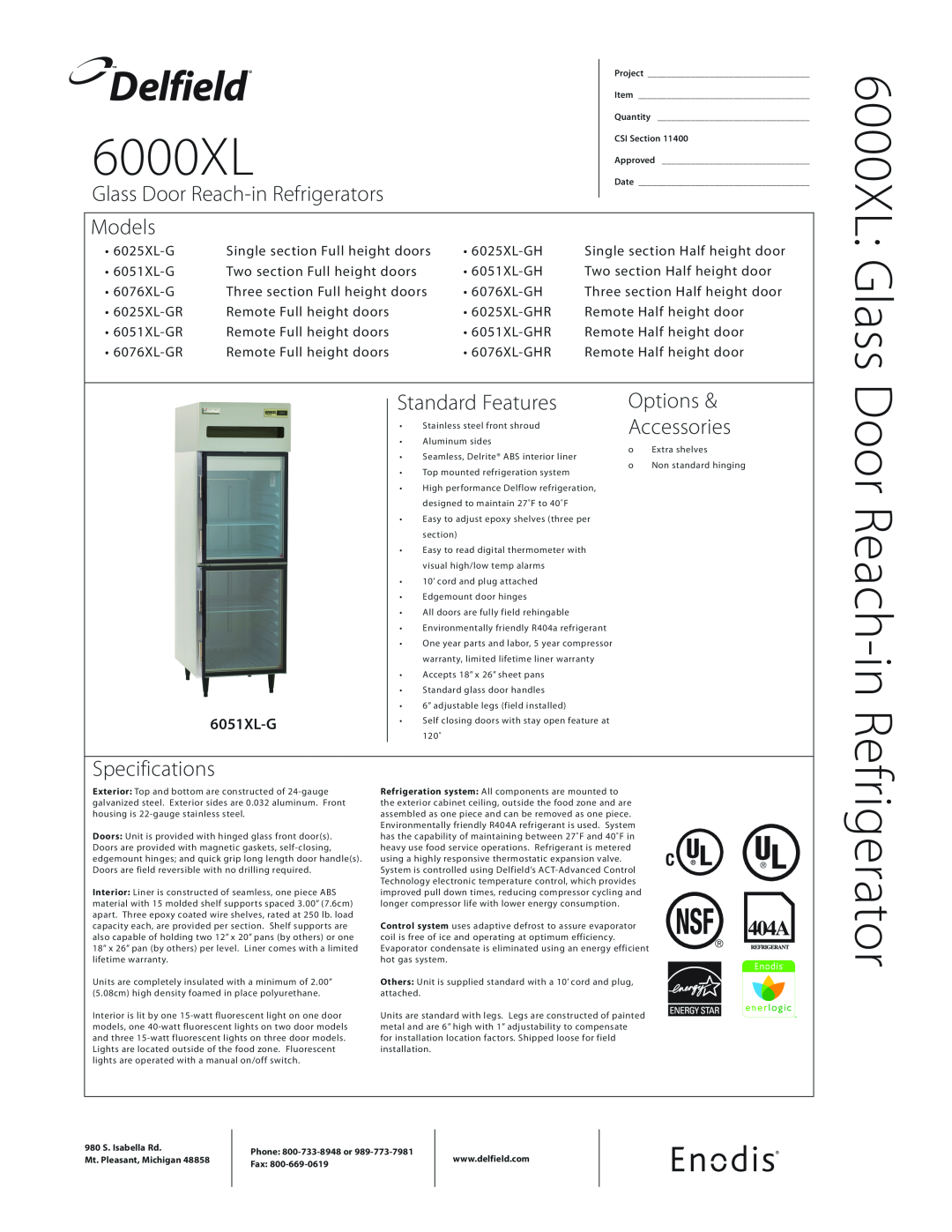 Delfield 6000XLG specifications 6000XL Glass, Delfield, Glass Door Reach-inRefrigerators, Models, Specifications 