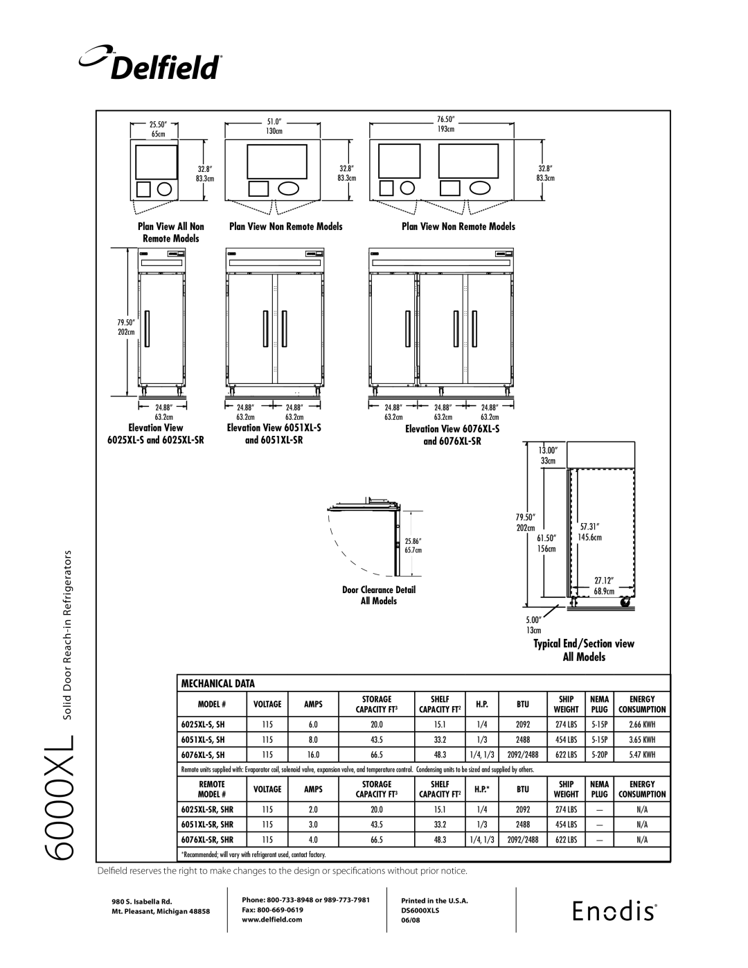 Delfield 6051XL-SR, 6051XL-SH, 6076XL-SHR, 6076XL-SR, 6025XL-SR, 6025XL-SHR specifications Delfield 