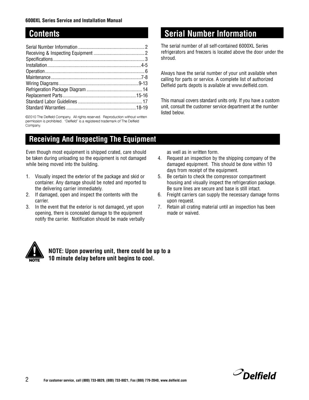 Delfield 6100XL manual Contents, Serial Number Information 