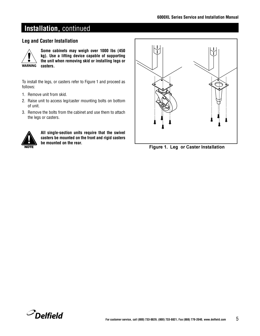 Delfield 6100XL manual Leg and Caster Installation, Leg or Caster Installation 