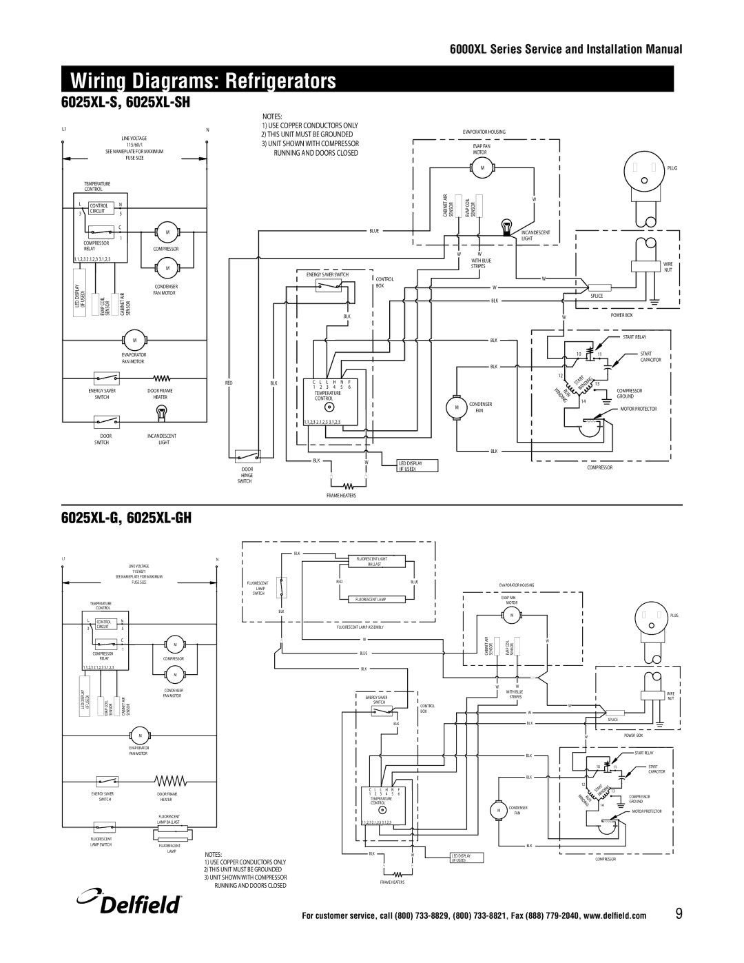 Delfield 6100XL manual Wiring Diagrams Refrigerators, 6025XL-S, 6025XL-SH, 6025XL-G, 6025XL-GH 