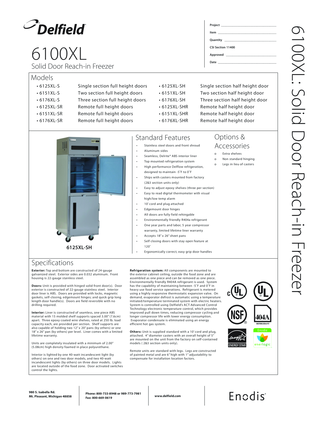 Delfield specifications 6100XL Solid, Delfield, Solid Door Reach-in Freezer, Models, Specifications, 6125XL-SH 