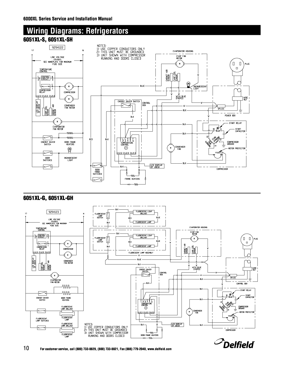 Delfield 6100XL manual 6051XL-S, 6051XL-SH, 6051XL-G, 6051XL-GH, Delfield, Wiring Diagrams: Refrigerators 
